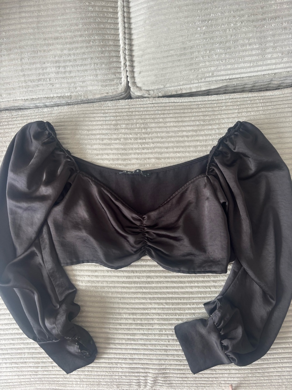 Motel Rocks Black Satin Puff-Sleeve Crop Top